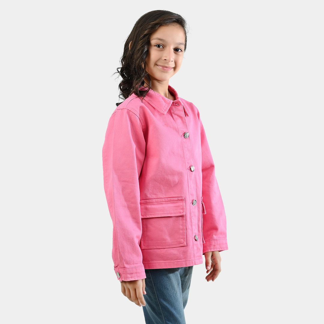 Girls Cotton Twill Woven Jacket Flowers-PINK