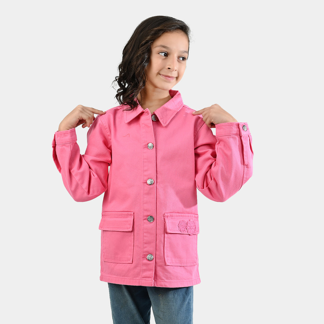Girls Cotton Twill Woven Jacket Flowers-PINK