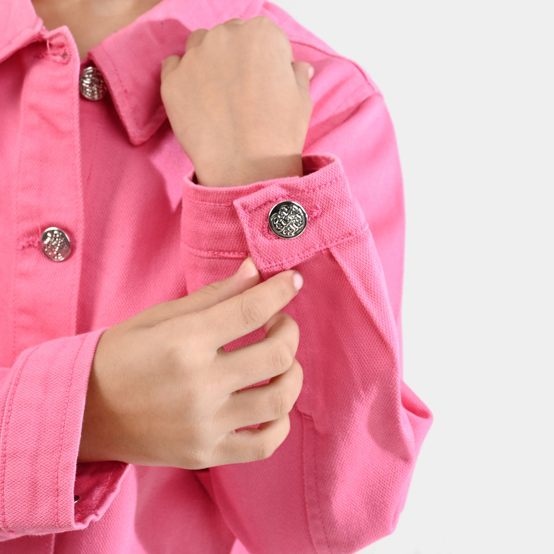 Girls Cotton Twill Woven Jacket Flowers-PINK
