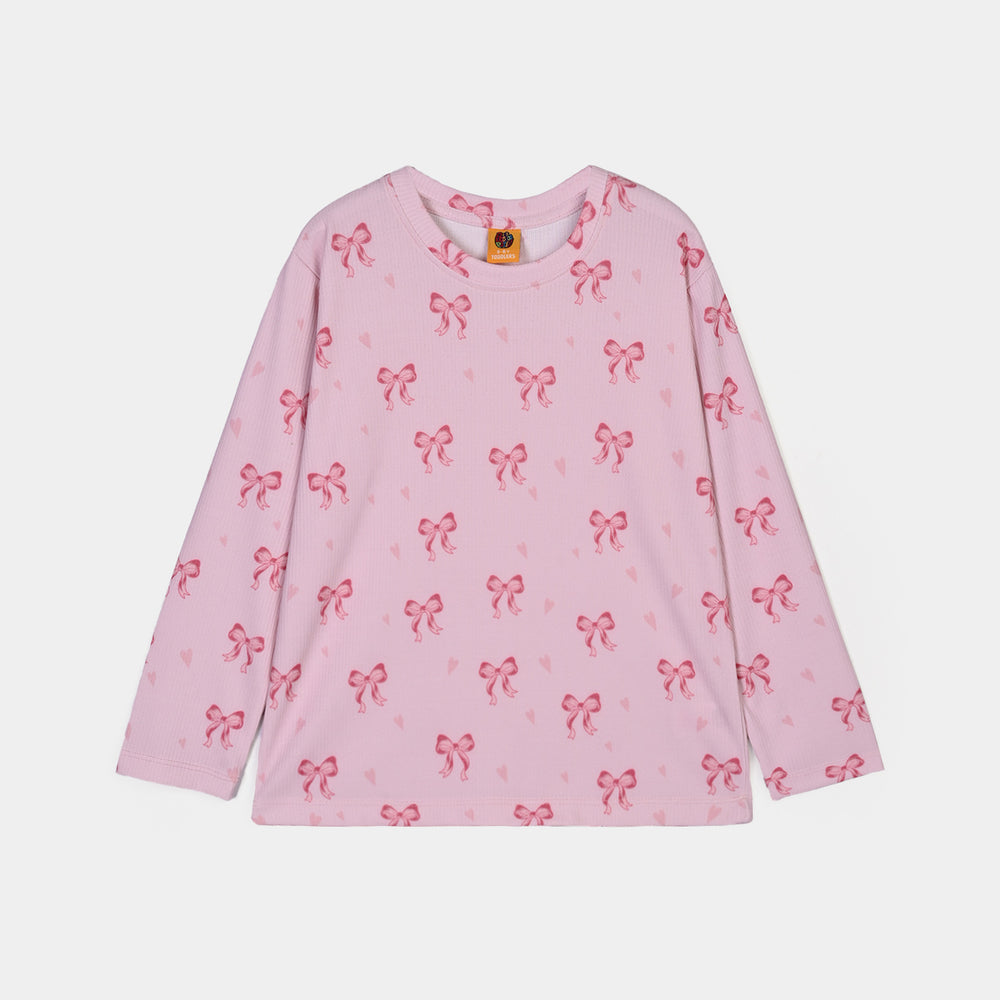 Girls PC Jersey Night Suit Bow Repeat-Pink
