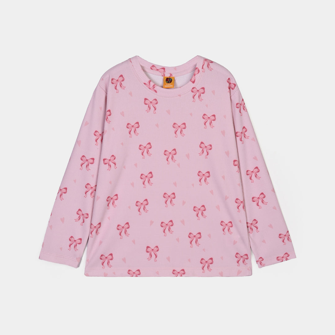 Girls PC Jersey Night Suit Bow Repeat-Pink
