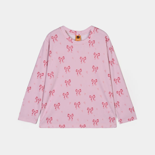 Girls PC Jersey Night Suit Bow Repeat-Pink