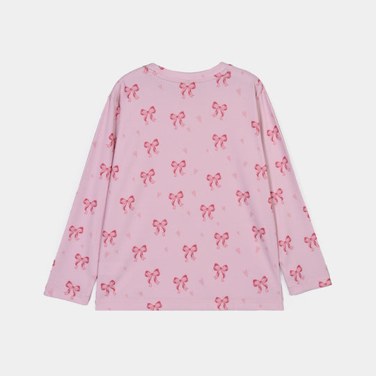 Girls PC Jersey Night Suit Bow Repeat-Pink