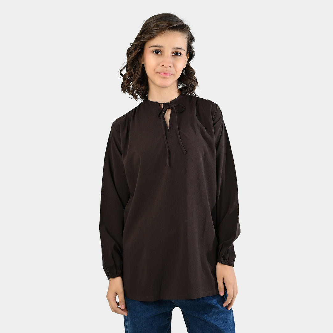 Teens Girls Poly Viscose Casual Top Breeze Textured -D.Brown