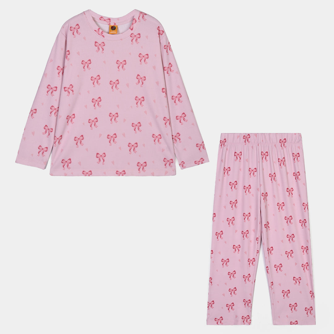 Girls PC Jersey Night Suit Bow Repeat-Pink