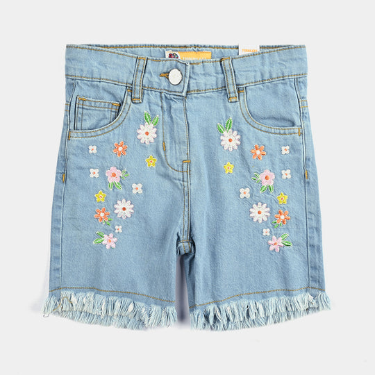 Girls Denim rigid Short Denim Flower EMB-Mid Blue