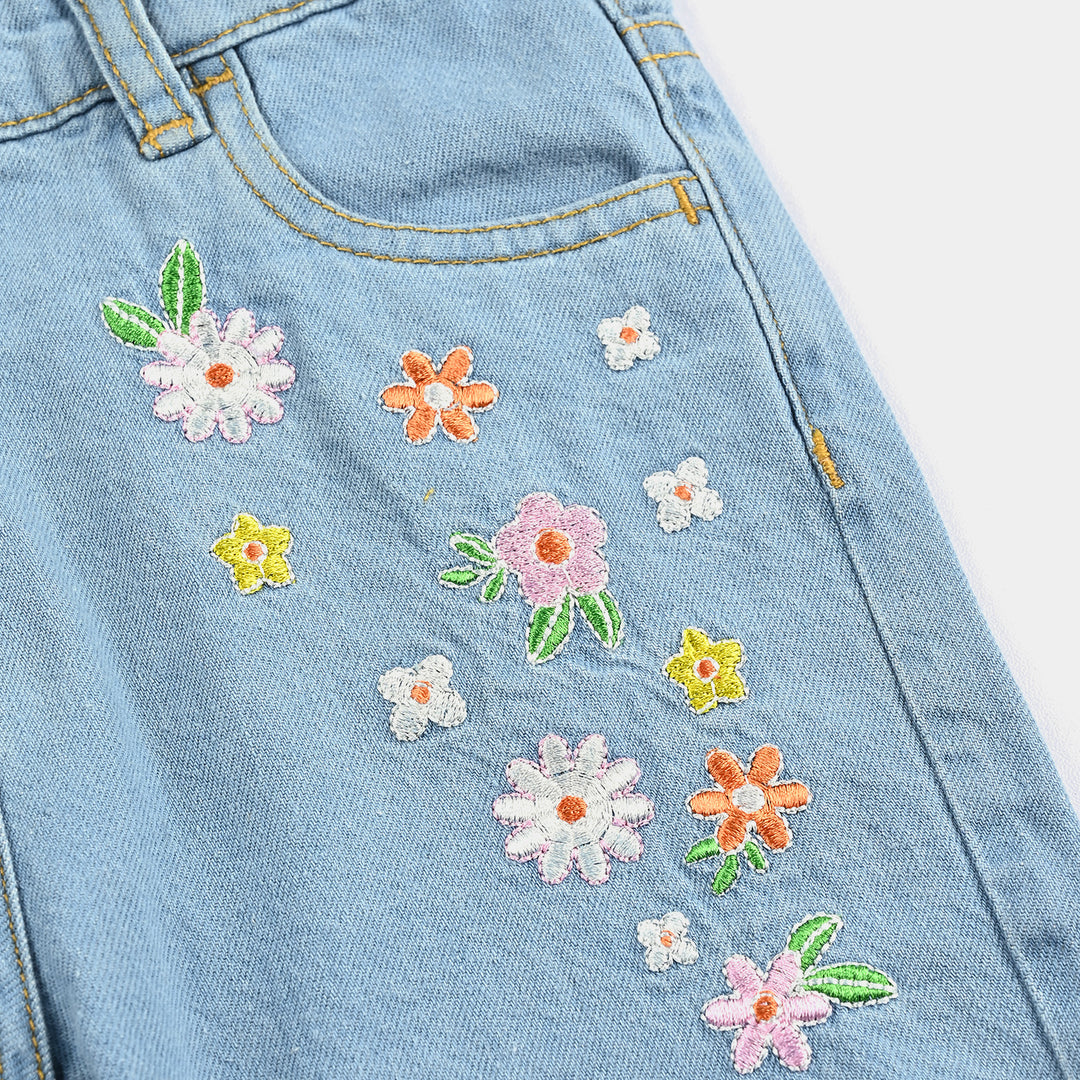 Girls Denim rigid Short Denim Flower EMB-Mid Blue