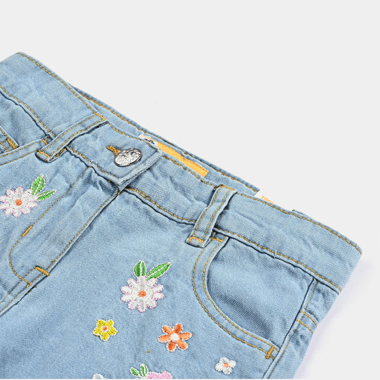 Girls Denim rigid Short Denim Flower EMB-Mid Blue