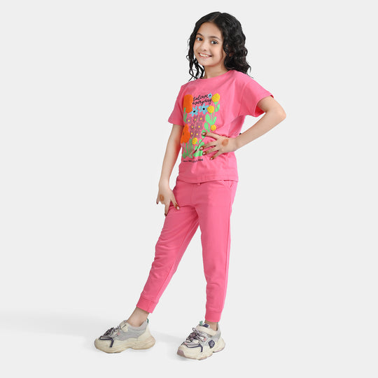 Girls Jersey/Terry 2 Piece Suit Believe Everyday-Hot Pink