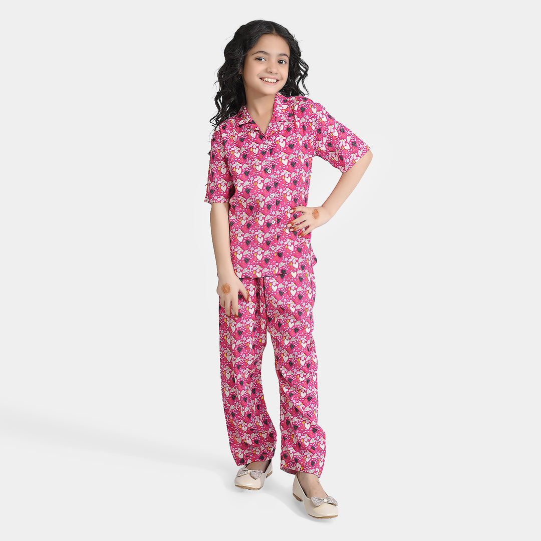 Girls Viscose Nightwear Pink Floral-Multi