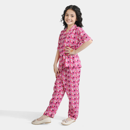 Girls Viscose Nightwear Pink Floral-Multi