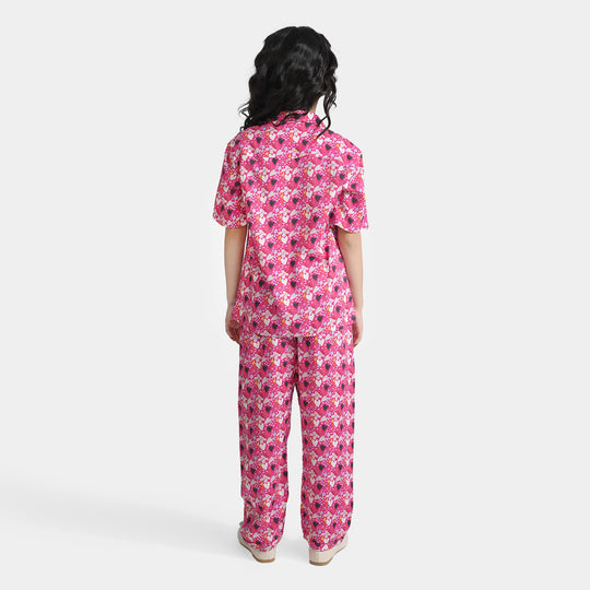 Girls Viscose Nightwear Pink Floral-Multi