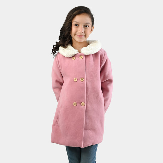 Girls Wool Trench Coat Fur-PINK