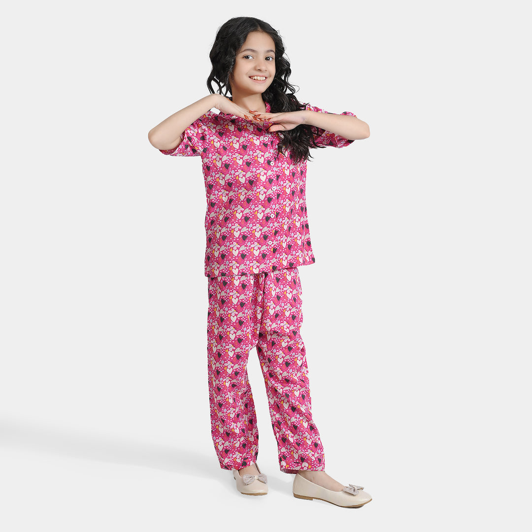 Girls Viscose Nightwear Pink Floral-Multi