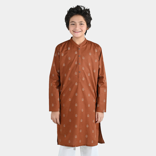 Boys Cotton Poplin Printed Kurta (Brown Blended)