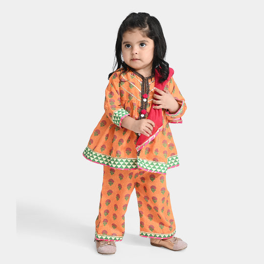 Infant Girls Poly Cambric 3Pcs Suit Narangi-ORANGE