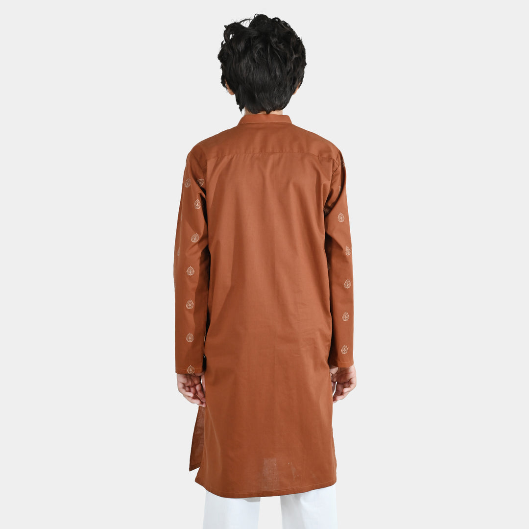Boys Cotton Poplin Printed Kurta (Brown Blended)