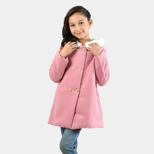 Girls Wool Trench Coat Fur-PINK