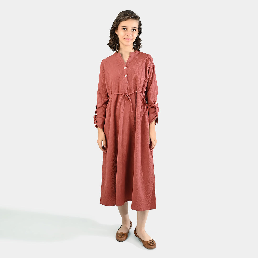 Teens Girls Cotton Long Dress Peachy Corded-Peach