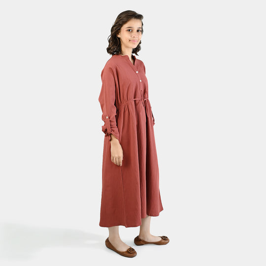 Teens Girls Cotton Long Dress Peachy Corded-Peach