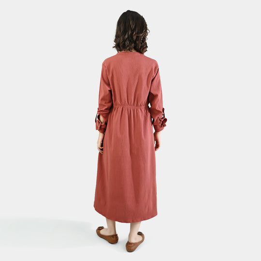 Teens Girls Cotton Long Dress Peachy Corded-Peach