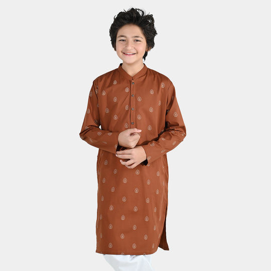 Boys Cotton Poplin Printed Kurta (Brown Blended)