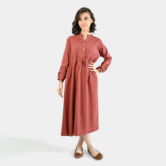 Teens Girls Cotton Long Dress Peachy Corded-Peach