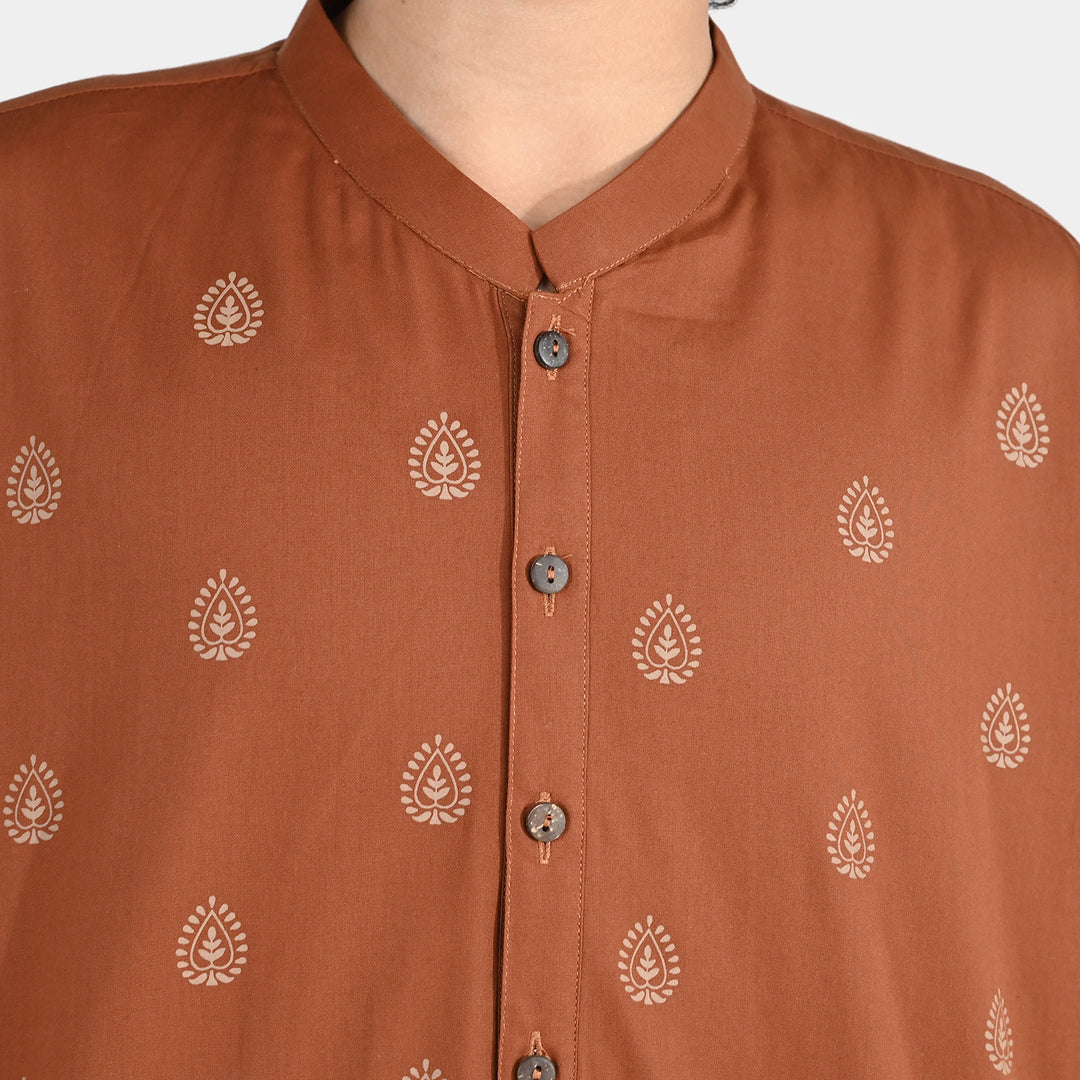 Boys Cotton Poplin Printed Kurta (Brown Blended)