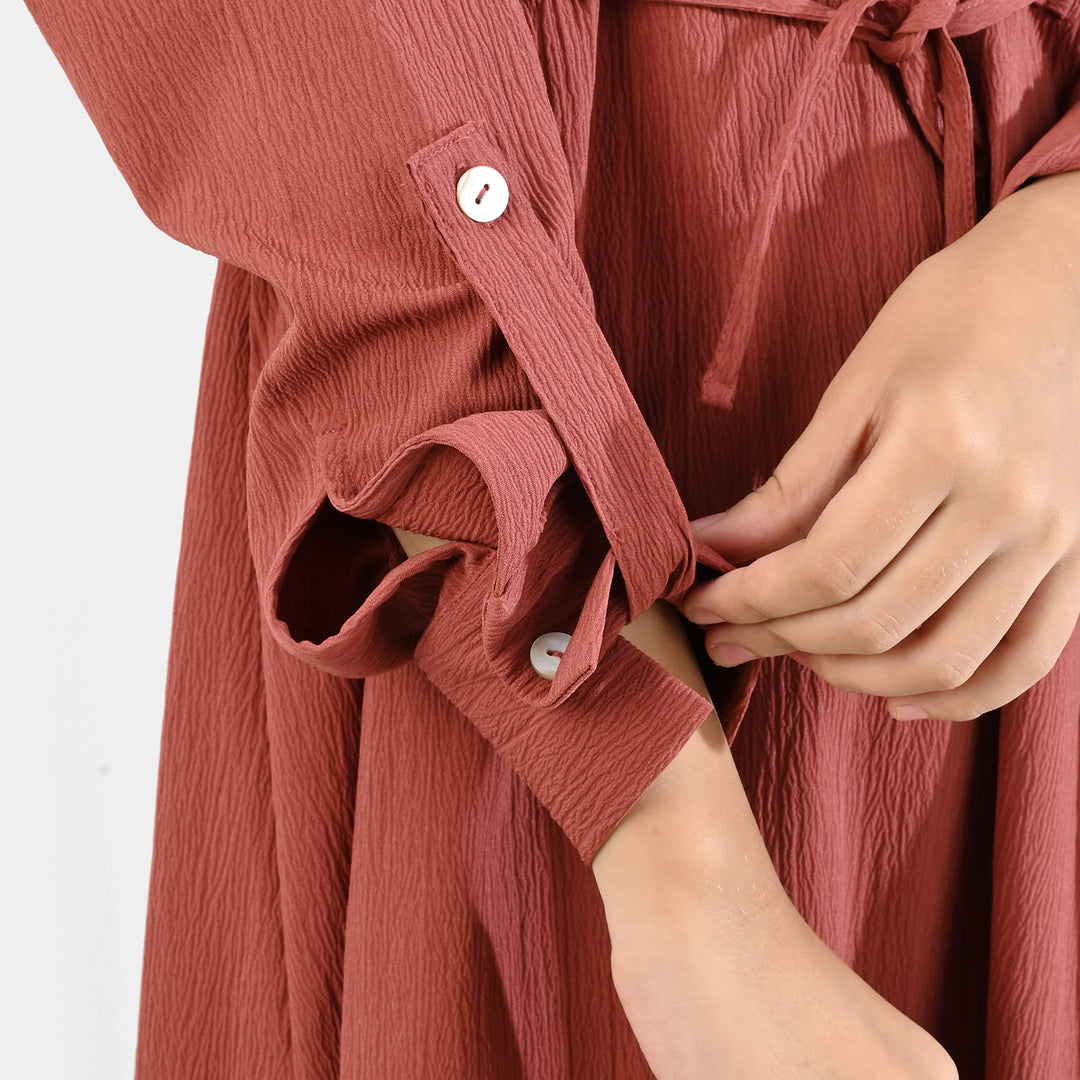 Teens Girls Cotton Long Dress Peachy Corded-Peach
