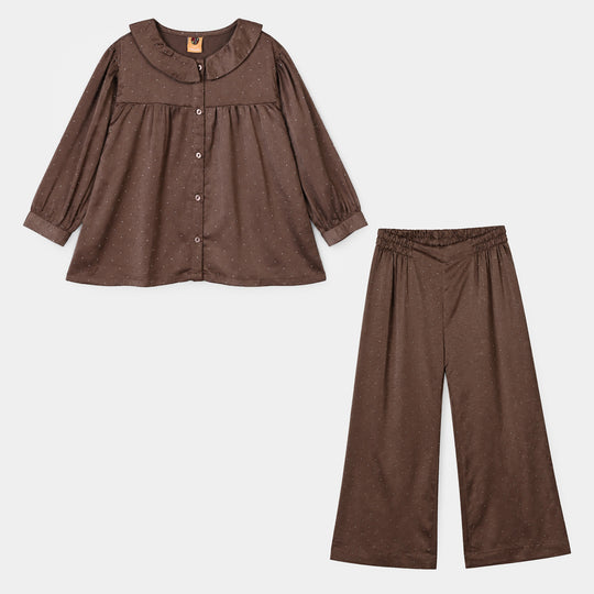 Girls Poly Viscose Co-Ord Set Brownie-BROWN
