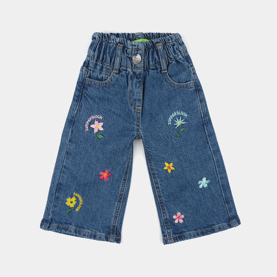 Infant Girls Denim Stretch Pant (All Over Embroidery) - Mid Blue