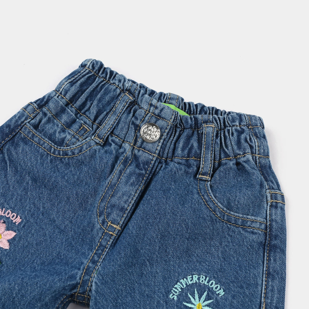 Infant Girls Denim Stretch Pant (All Over Embroidery) - Mid Blue