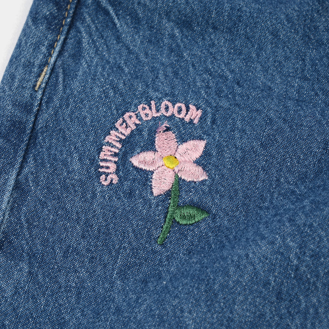 Infant Girls Denim Stretch Pant (All Over Embroidery) - Mid Blue