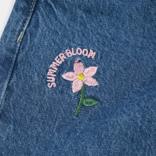 Infant Girls Denim Stretch Pant (All Over Embroidery) - Mid Blue