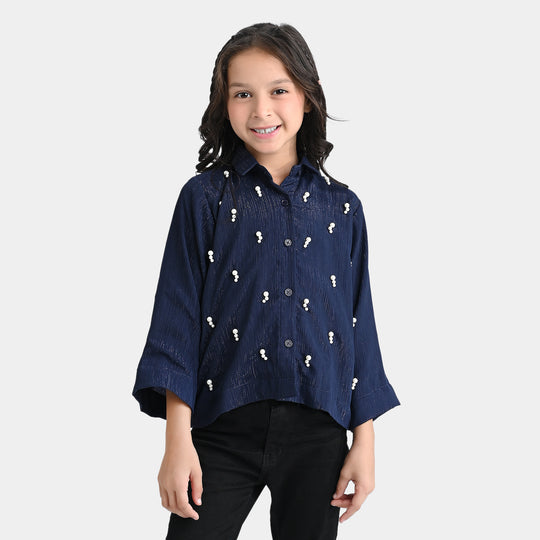 Girls Chiffon Casual Top Pearls-Navy Blue