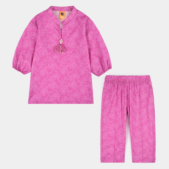 Girls Cotton Poplin Printed 2Piece Kantha Stitch-Purple
