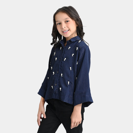 Girls Chiffon Casual Top Pearls-Navy Blue