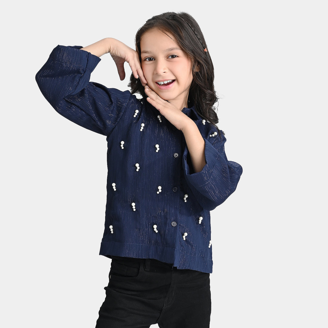 Girls Chiffon Casual Top Pearls-Navy Blue