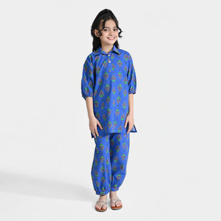 Girls Cotton Printed 2 Pcs Saya Bahar-Blue