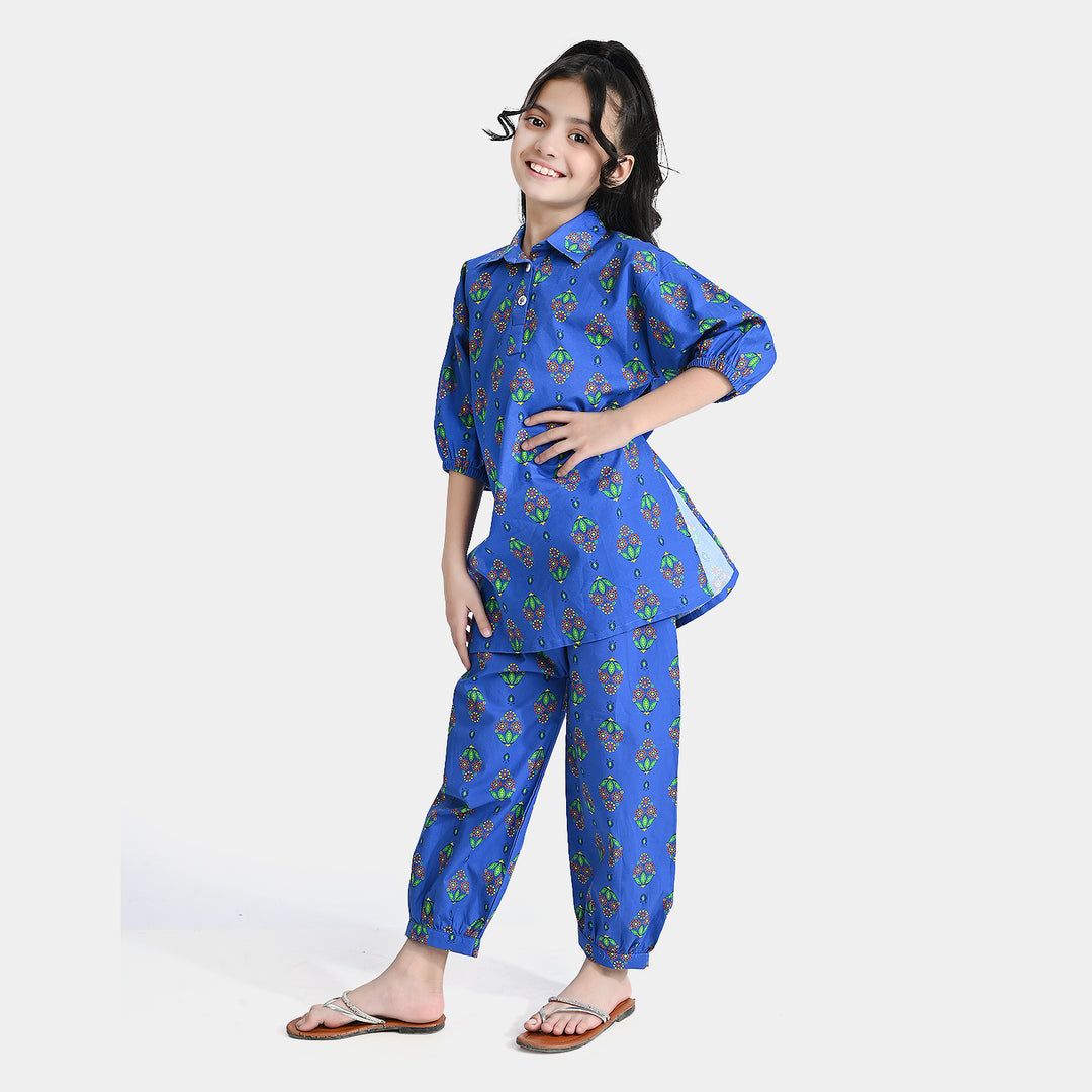 Girls Cotton Printed 2 Pcs Saya Bahar-Blue