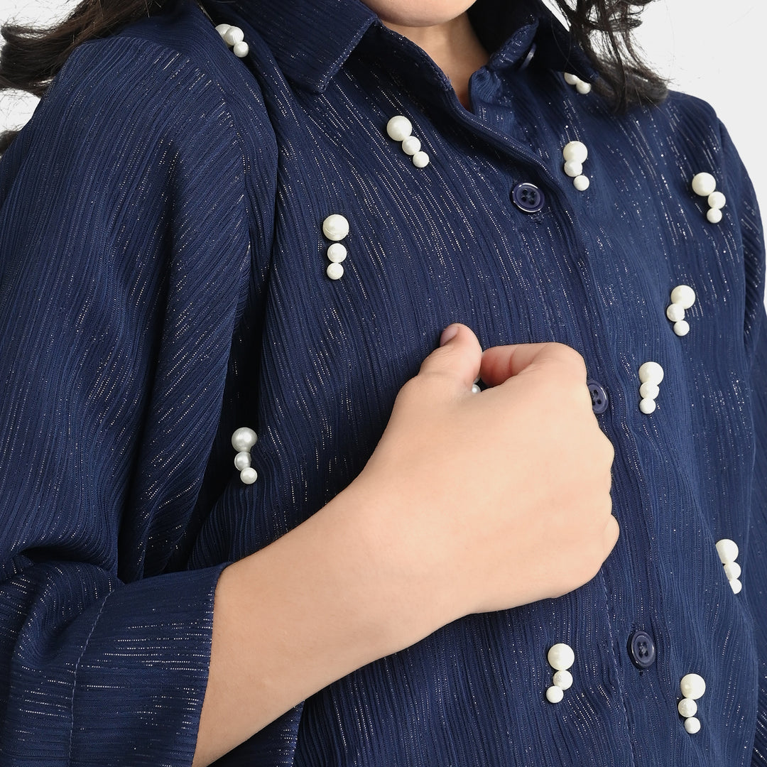 Girls Chiffon Casual Top Pearls-Navy Blue