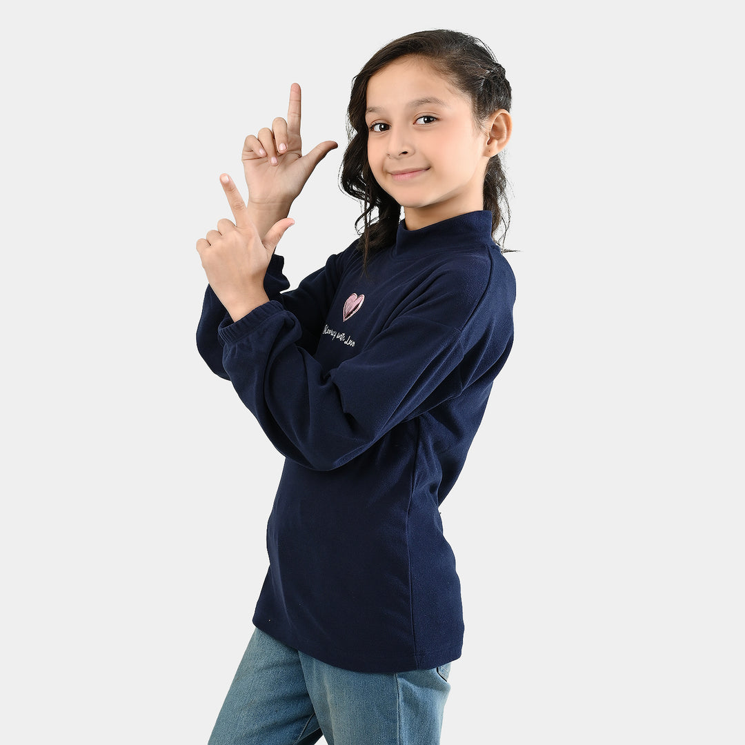 Girls Fleece Sweatshirt Blooming with Love-NAVY