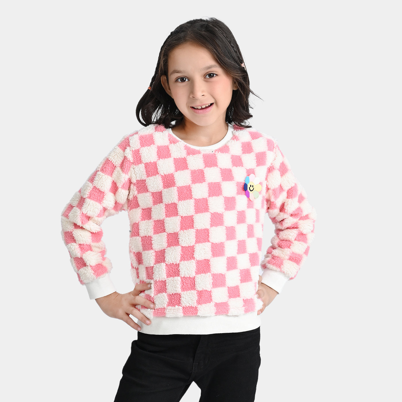 Girls Sherpa SweatShirt Pink Check-Pink