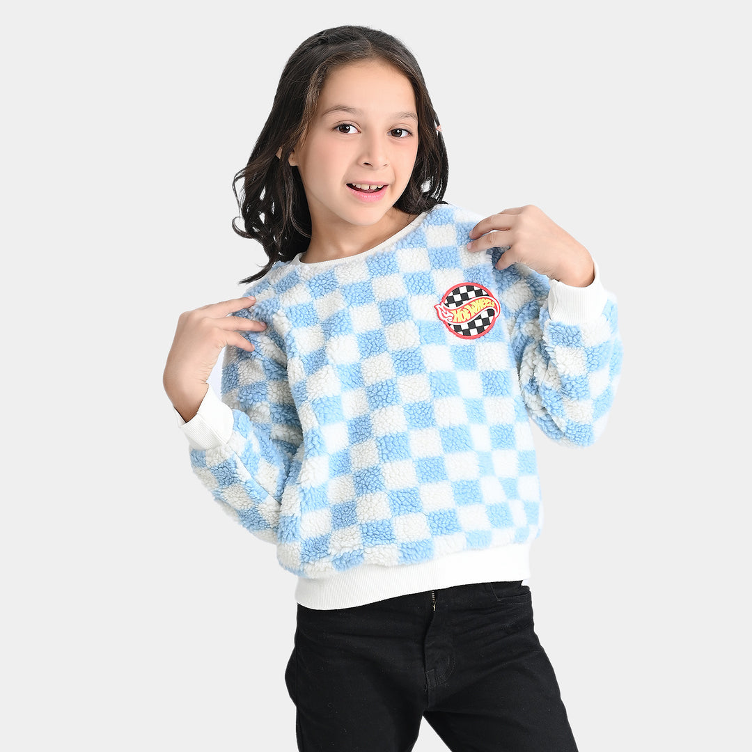 Girls Sherpa SweatShirt Blue check-White