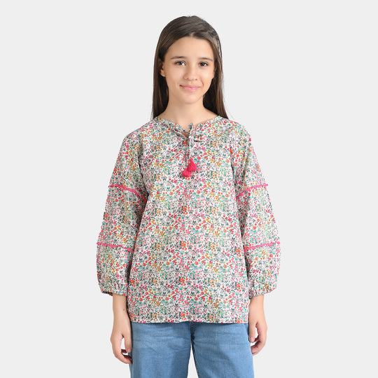 Girls Cotton Poplin Casual Top Chin Print-Multi