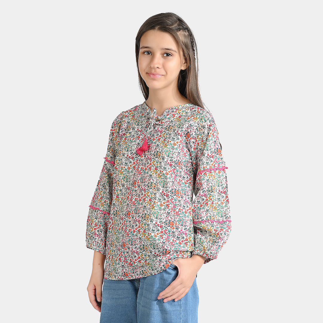 Girls Cotton Poplin Casual Top Chin Print-Multi