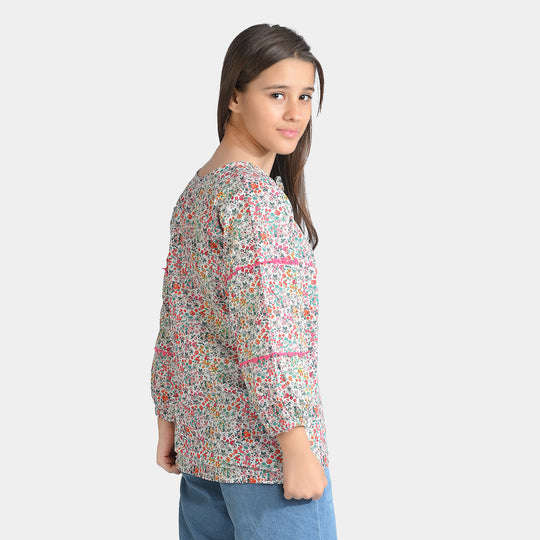 Girls Cotton Poplin Casual Top Chin Print-Multi