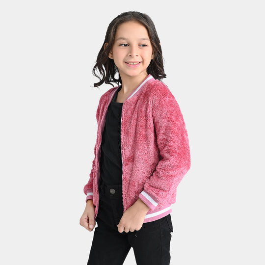 Girls Sherpa With Lurex Knitted Jacket -Pink