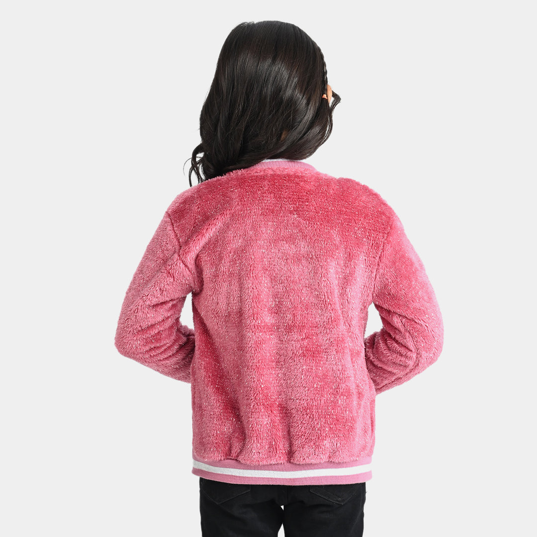 Girls Sherpa With Lurex Knitted Jacket -Pink