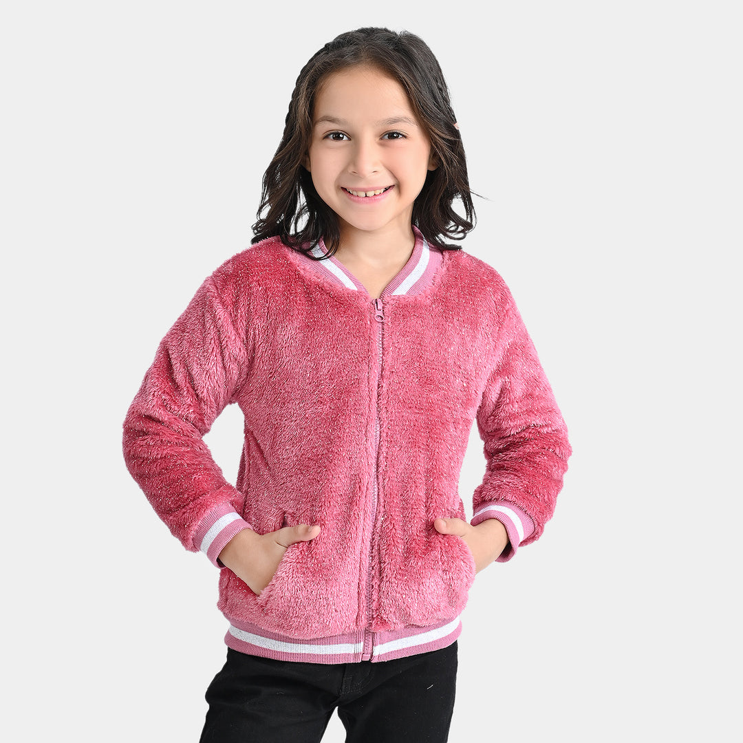 Girls Sherpa With Lurex Knitted Jacket -Pink